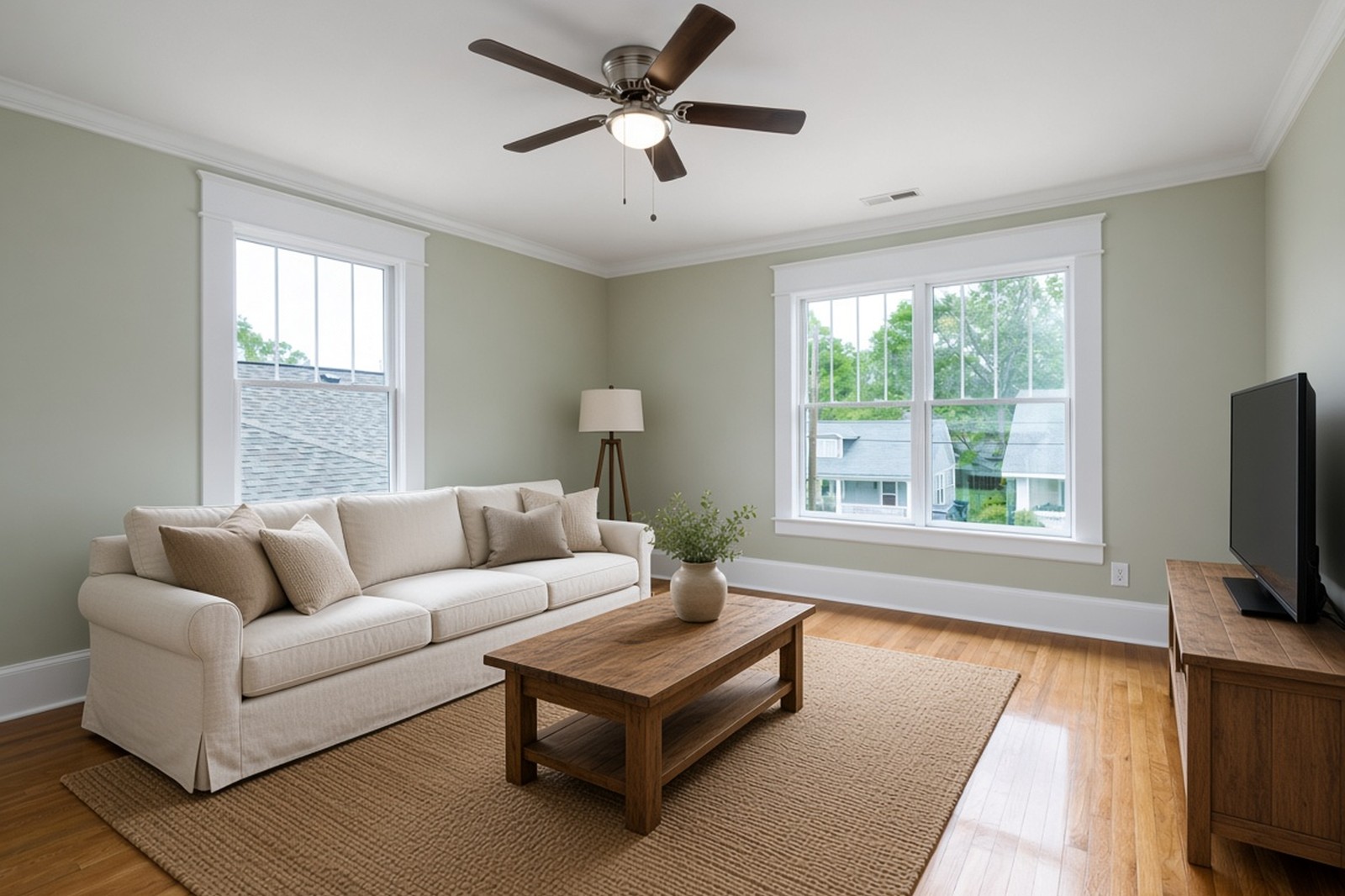 Snapstage virtual staging illustration of the same living room in a modern farmhouse style. This is not a live restyle. Virtually staged.