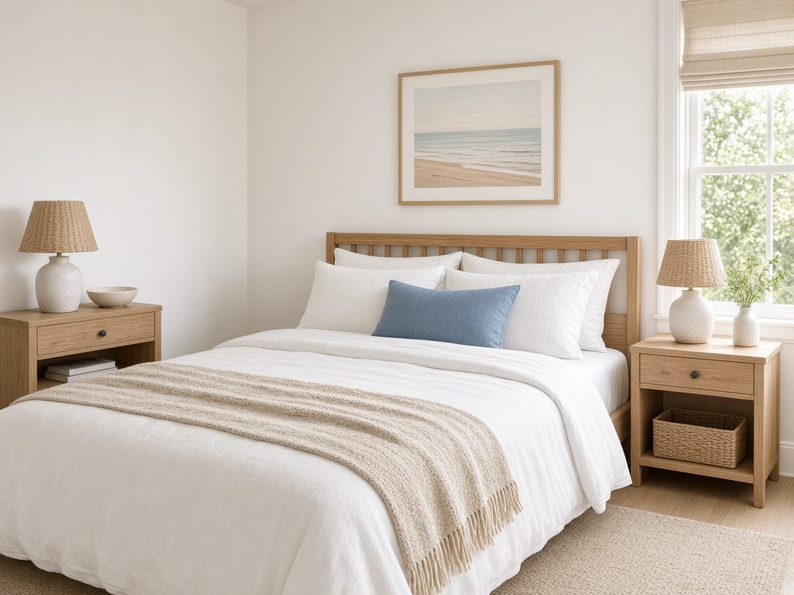 Snapstage virtual staging of a coastal bedroom with white linen, light wood nightstands, and a soft blue accent.
