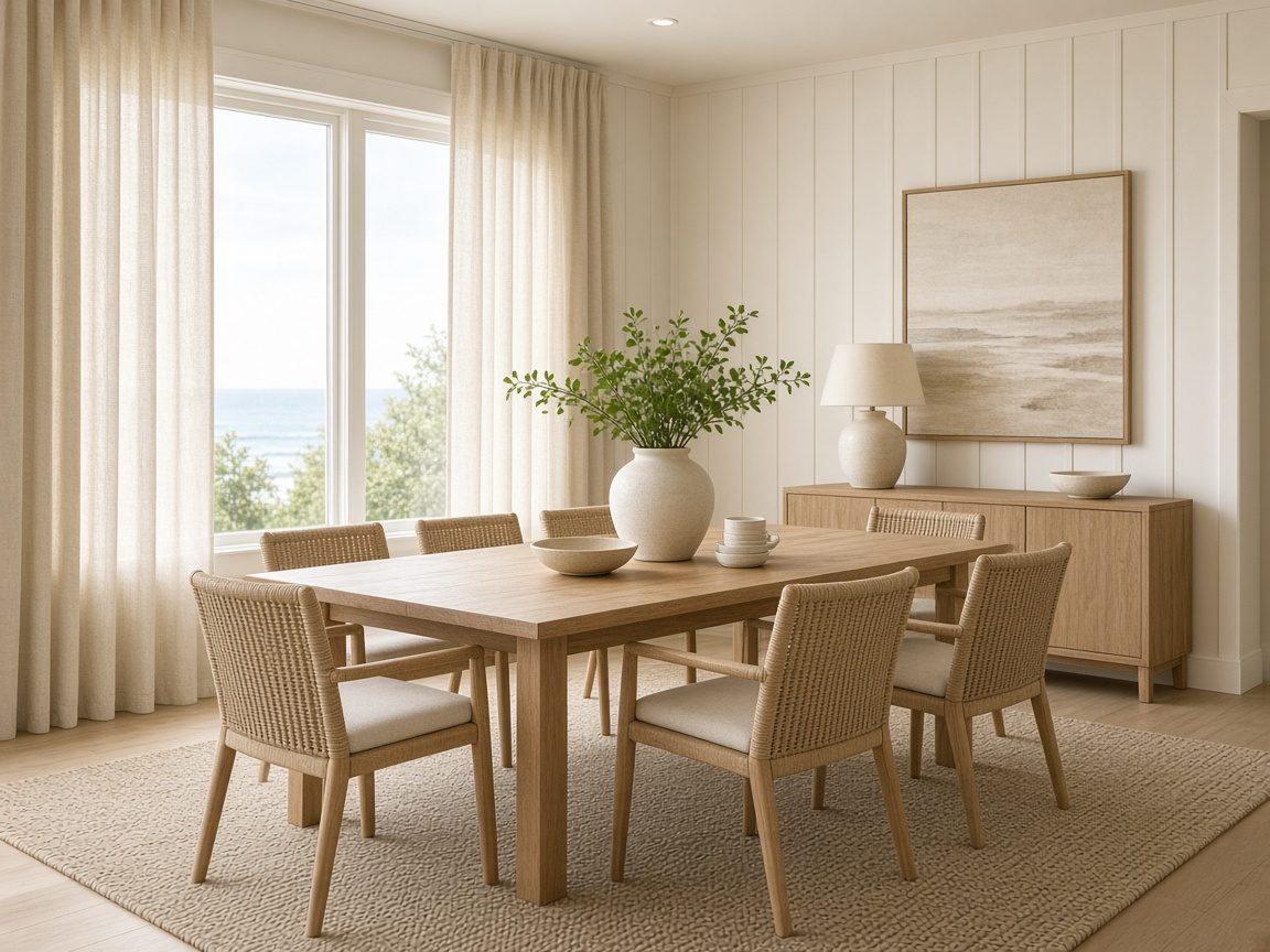 Snapstage virtual staging of a coastal dining room with a light wood table, woven chairs, and a low centerpiece.