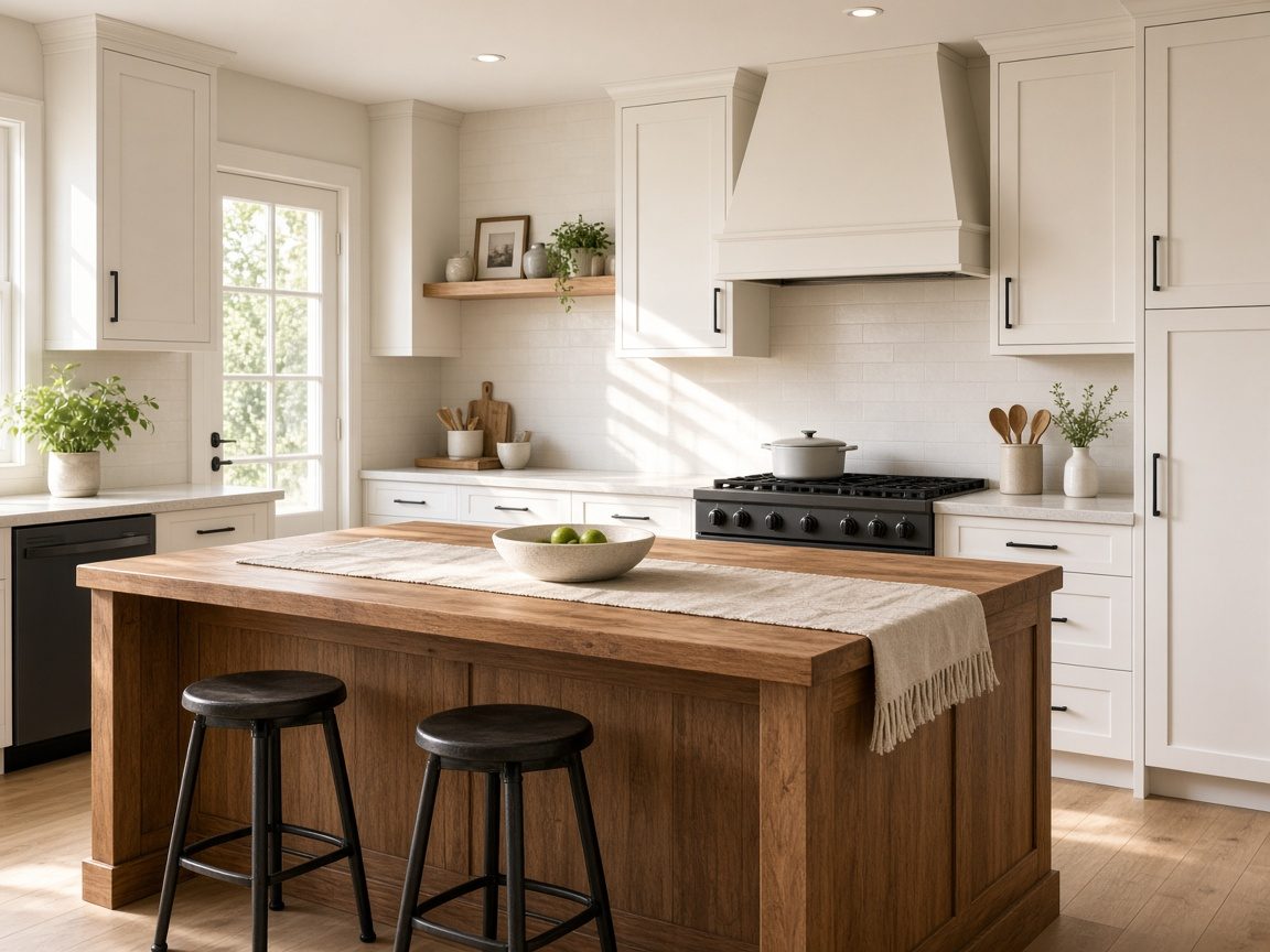 Snapstage virtual staging of a farmhouse kitchen with a wood island, black metal stools, and clear counters.