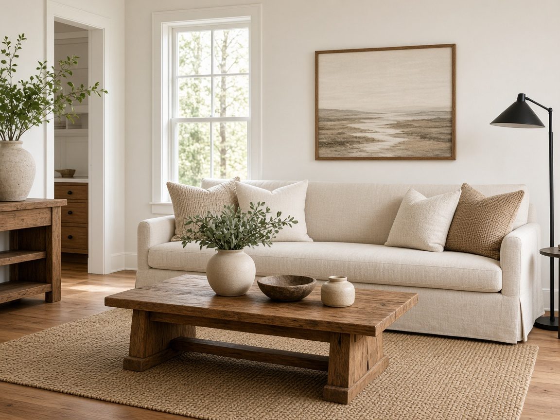 Snapstage virtual staging of a modern farmhouse living room with a linen sofa, wood table, and black metal lamp.