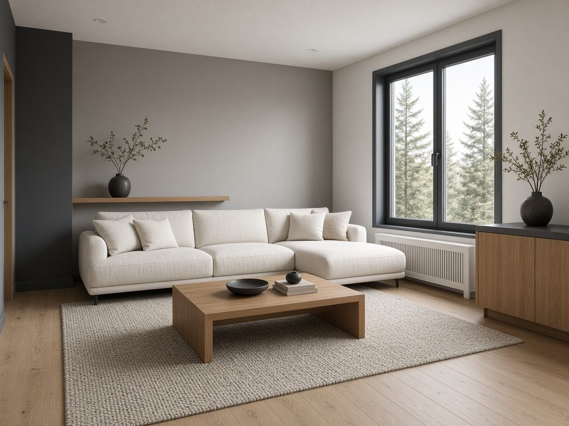 Snapstage virtual staging of a modern living room with a low sofa, a slim wood table, and a single rug in daylight.