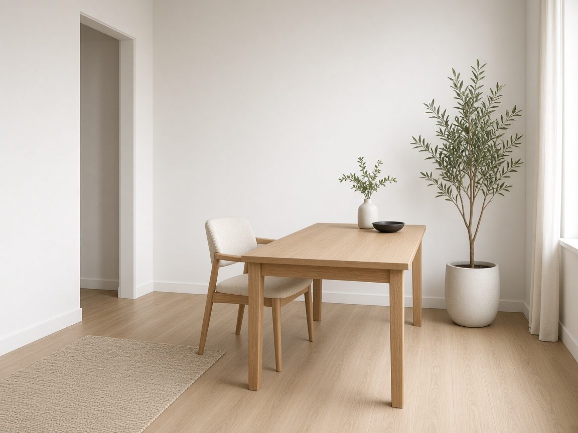 Snapstage virtual staging of a Scandinavian home office with a pale wood desk, a light chair, and open floor.